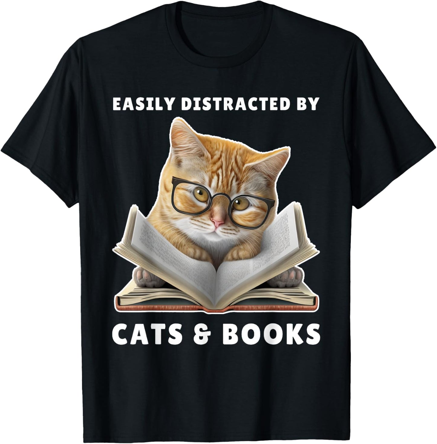 Easily Distracted by Cats and Books Cat Book Lover Club T-Shirt - T-Shirt | Black