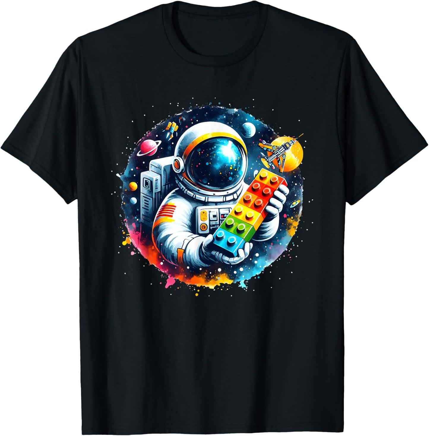 Astronaut Moon Space Shirt Galaxy Shirt Building Blocks STEM T-Shirt - T-Shirt | Black