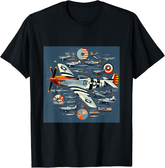 P51 Mustang WW2 Warplane Airplane Infographics T-Shirt - T-Shirt | Black