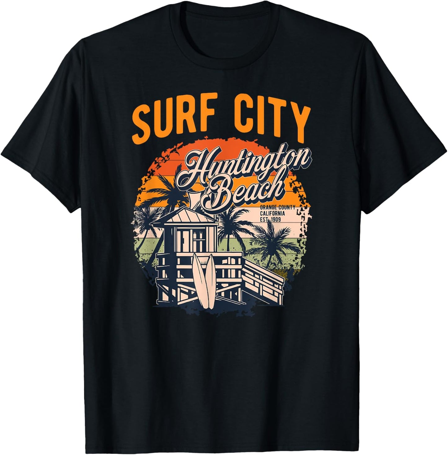 Vintage Huntington Beach Lifeguard Tower Surfing Style Men Women T-Shirt - T-Shirt | Black