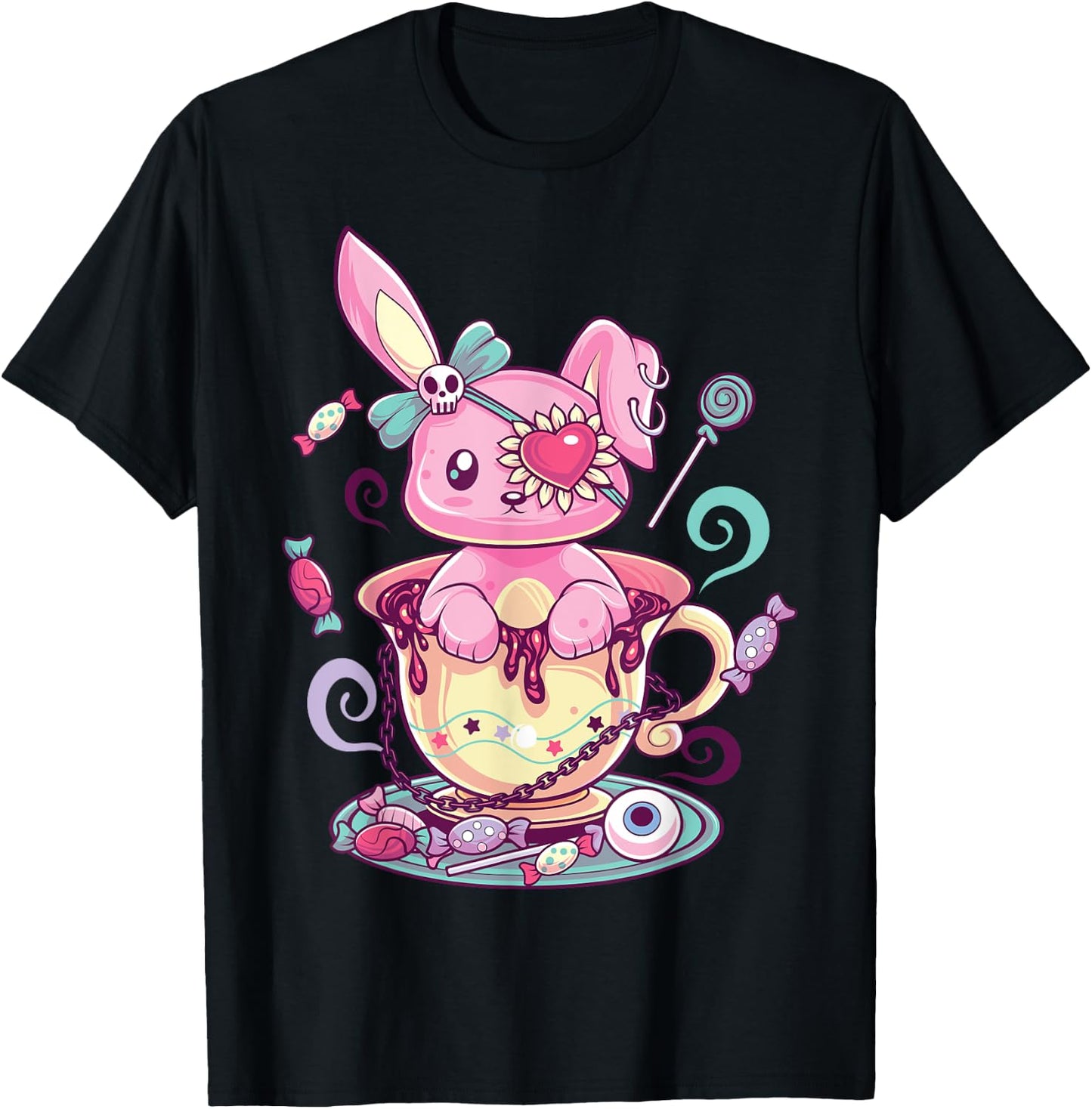 Kawaii Pastel Goth Cute Creepy Rabbit Menhera Occult Bunny T-Shirt - T-Shirt | Black