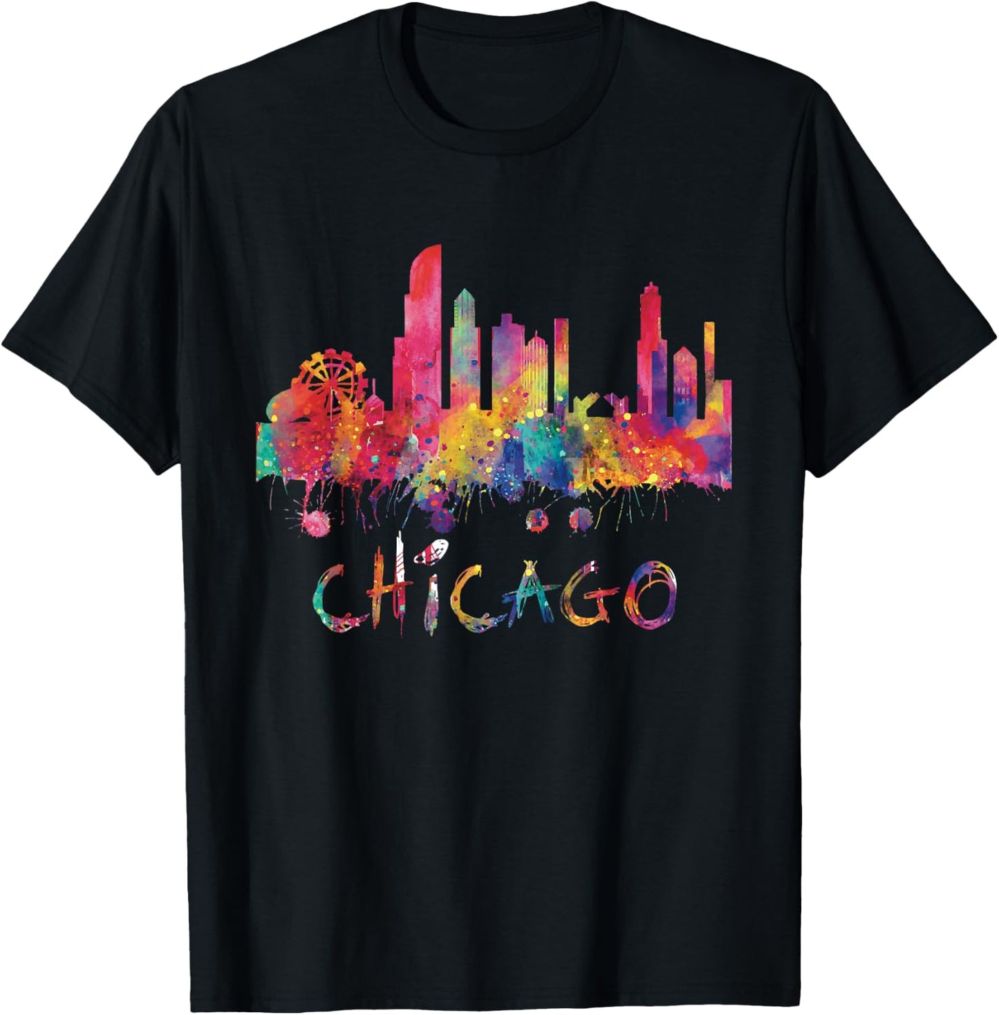 Chicago Skyline Cityscape Watercolor Chicago Flag Illinois T-Shirt - T-Shirt | Black