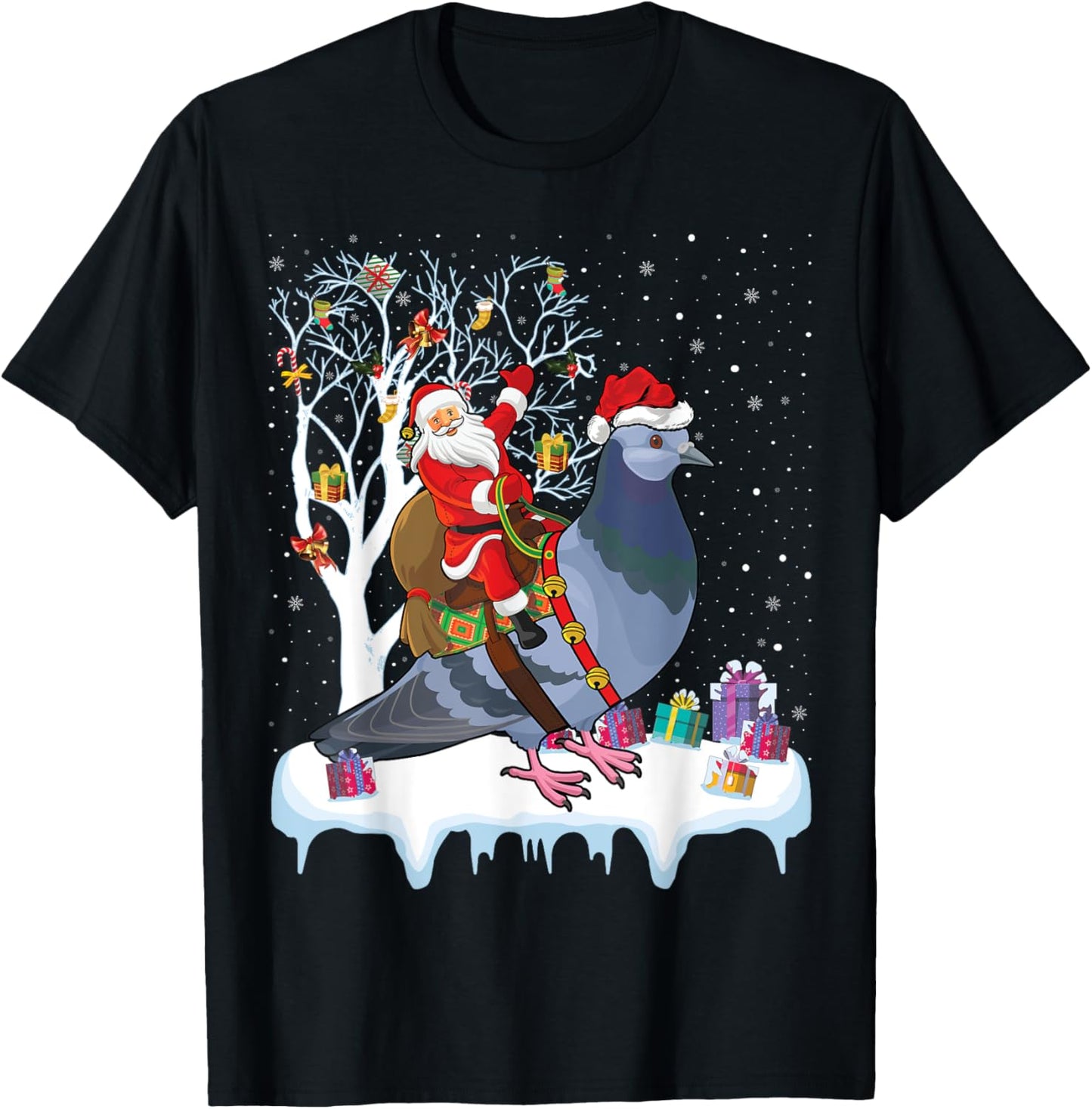 Pigeon Bird Lover Xmas Gift Santa Riding Pigeon Christmas T-Shirt - T-Shirt | Black