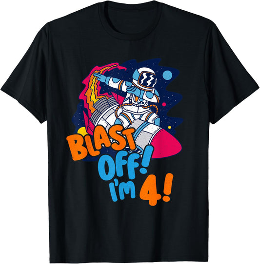 Blast Off I'm 4! Kids 4th Birthday Space Dabbing Astronaut T-Shirt - T-Shirt | Black