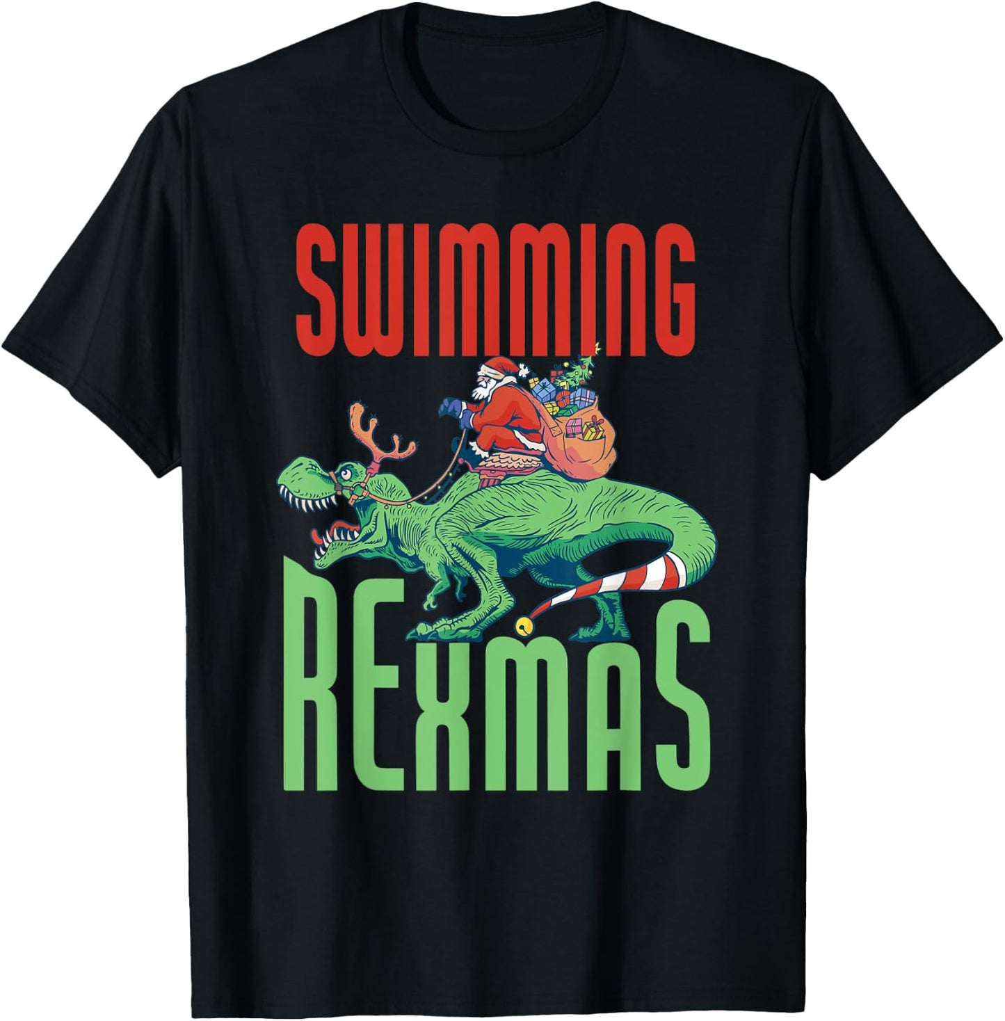 Swimming Rexmas T-Rex Dinosaur Christmas Holiday - Swimmer T-Shirt - T-Shirt | Black