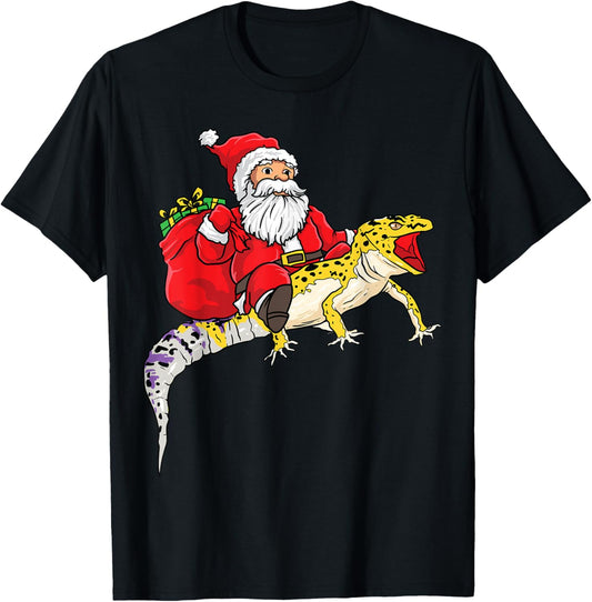 Fun Santa Delivering Presents On Leopard Gecko Lizard T-Shirt - T-Shirt | Black