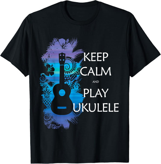 Keep Calm and Play Ukulele Tribal Colour T-Shirt - T-Shirt | Black
