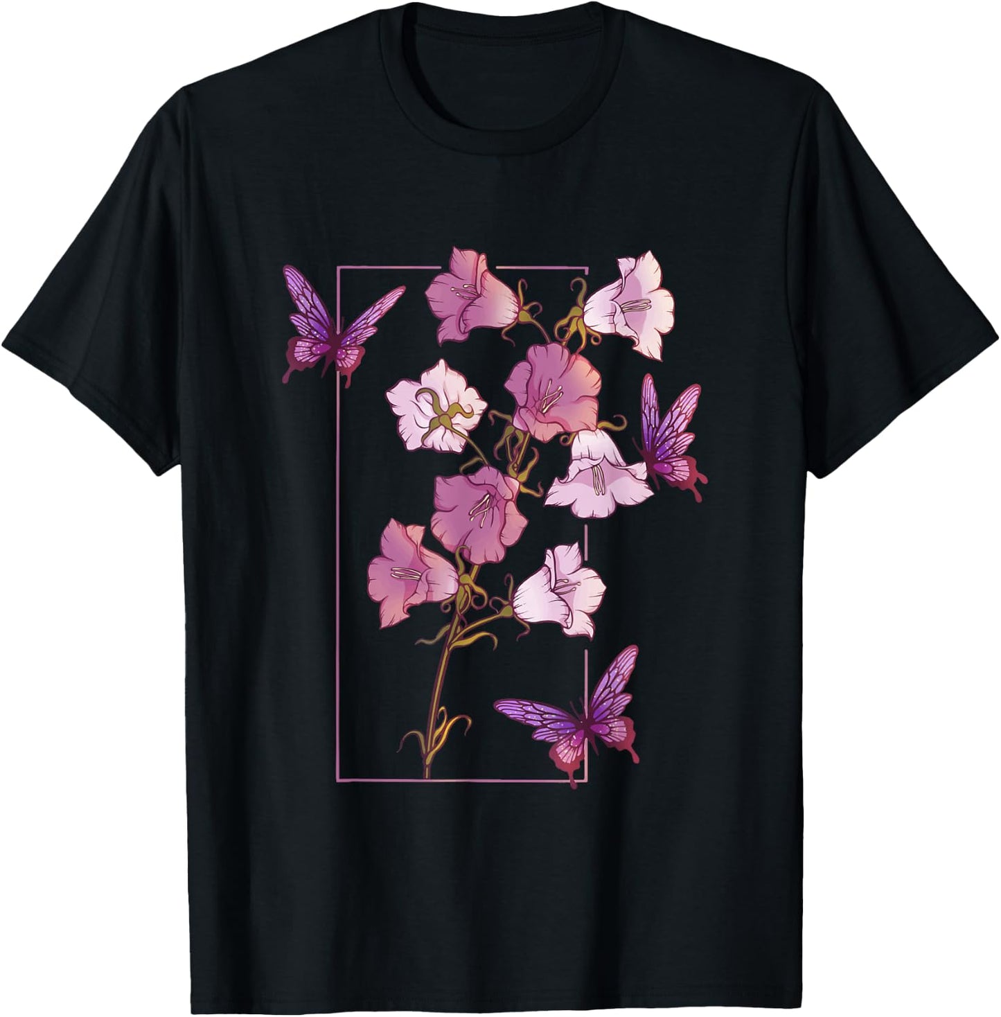 Floral Flower Bellflower Campanula Butterflies Wildflower T-Shirt - T-Shirt | Black