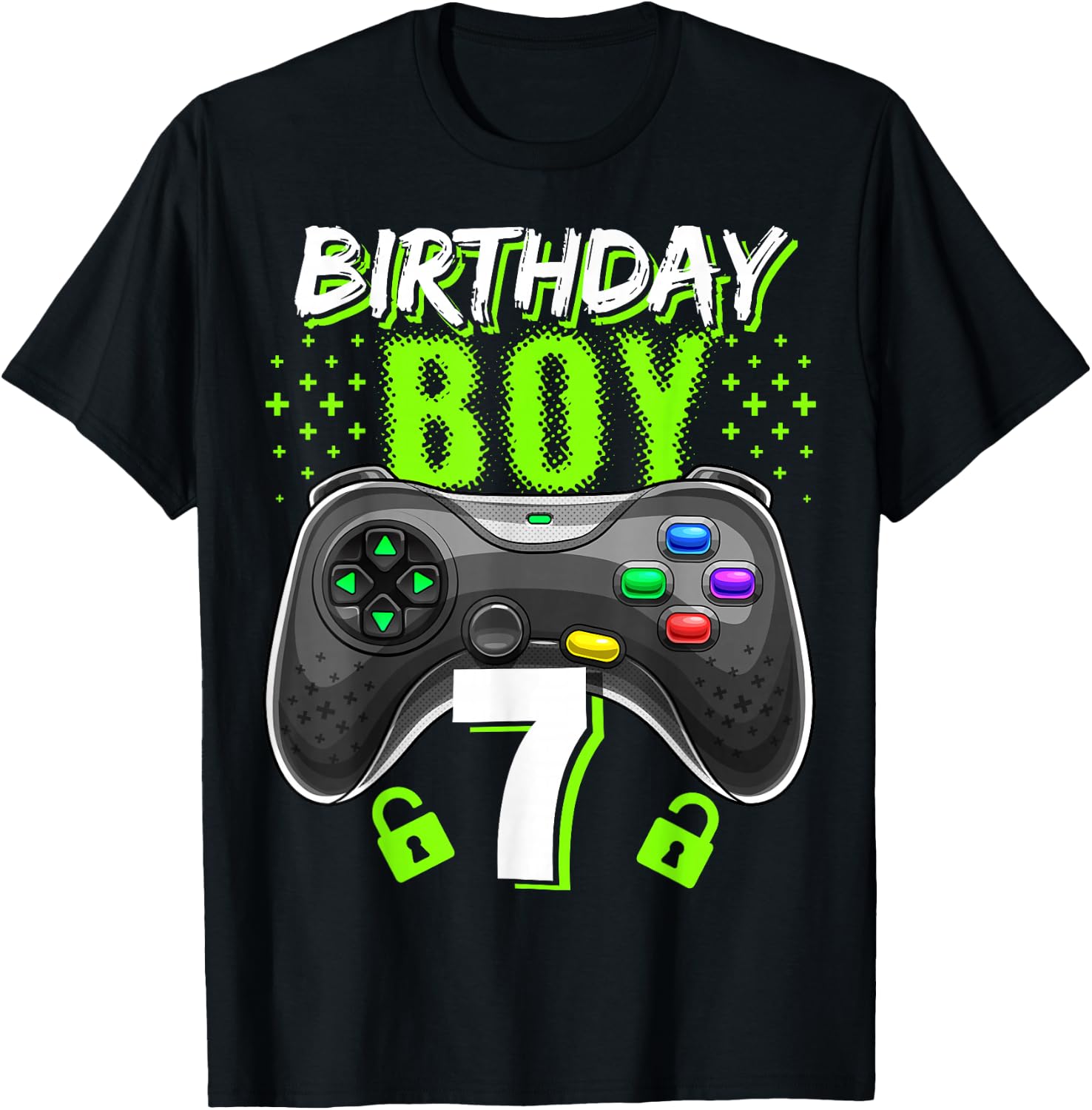 Birthday Boy 7 Video Game Controller Gamer 7th Birthday Gift T-Shirt - T-Shirt | Black