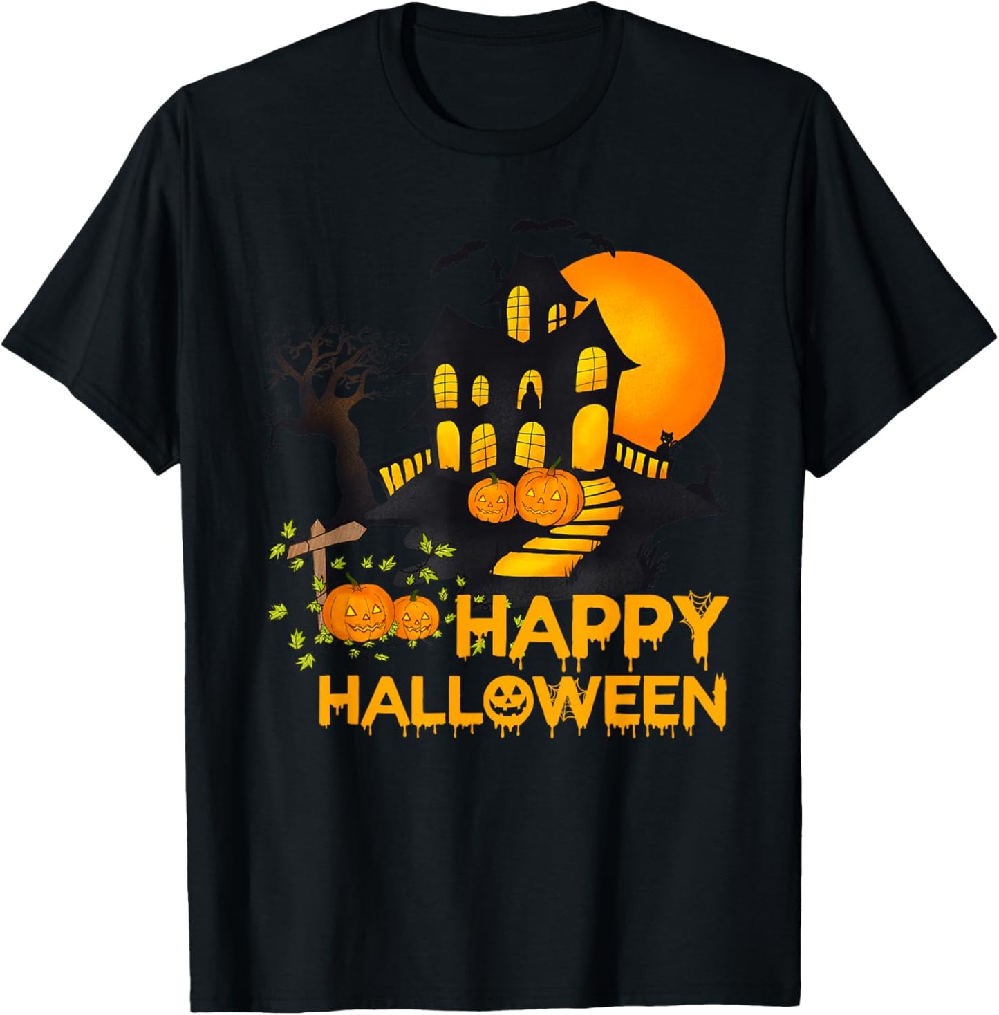 Happy Halloween Spooky Pumpkin Haunted House Men Women Kids T-Shirt - T-Shirt | Black