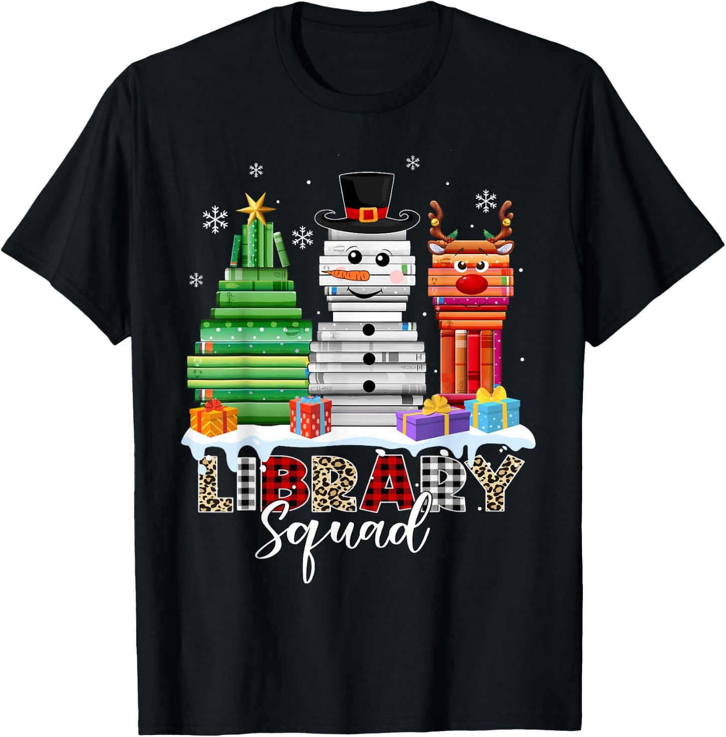 Christmas Librarian Books Xmas Tree Snowman Reindeer Library T-Shirt - T-Shirt | Black