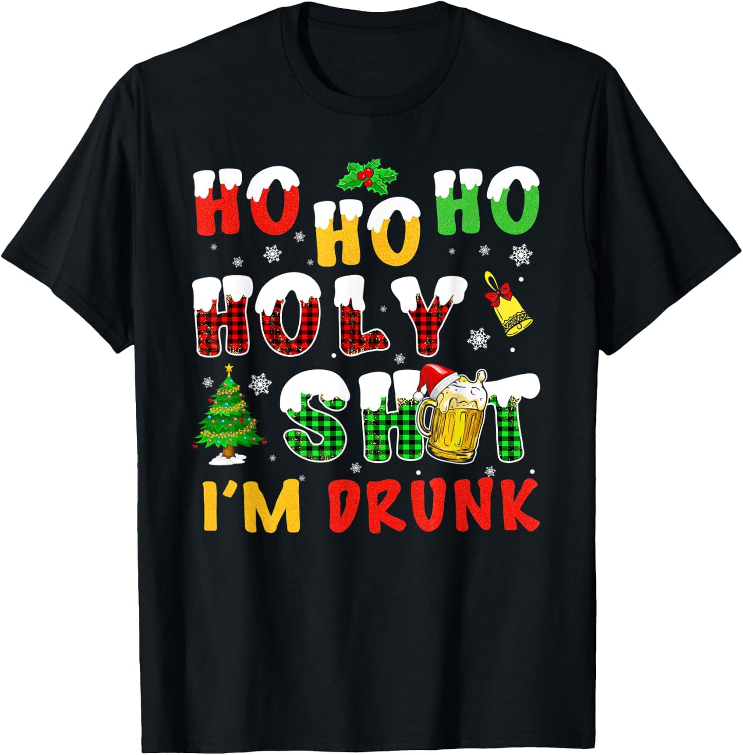Meme Ho's Ho Ho Holy Shit I'm Drunk Beer Santa Hat Christmas Lights T-Shirt - T-Shirt | Black