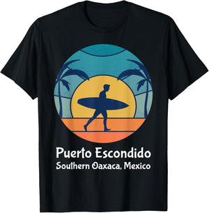 Puerto Escondido Southern Oaxaca Mexico Surfing Vintage Sun T-Shirt - T-Shirt | Black