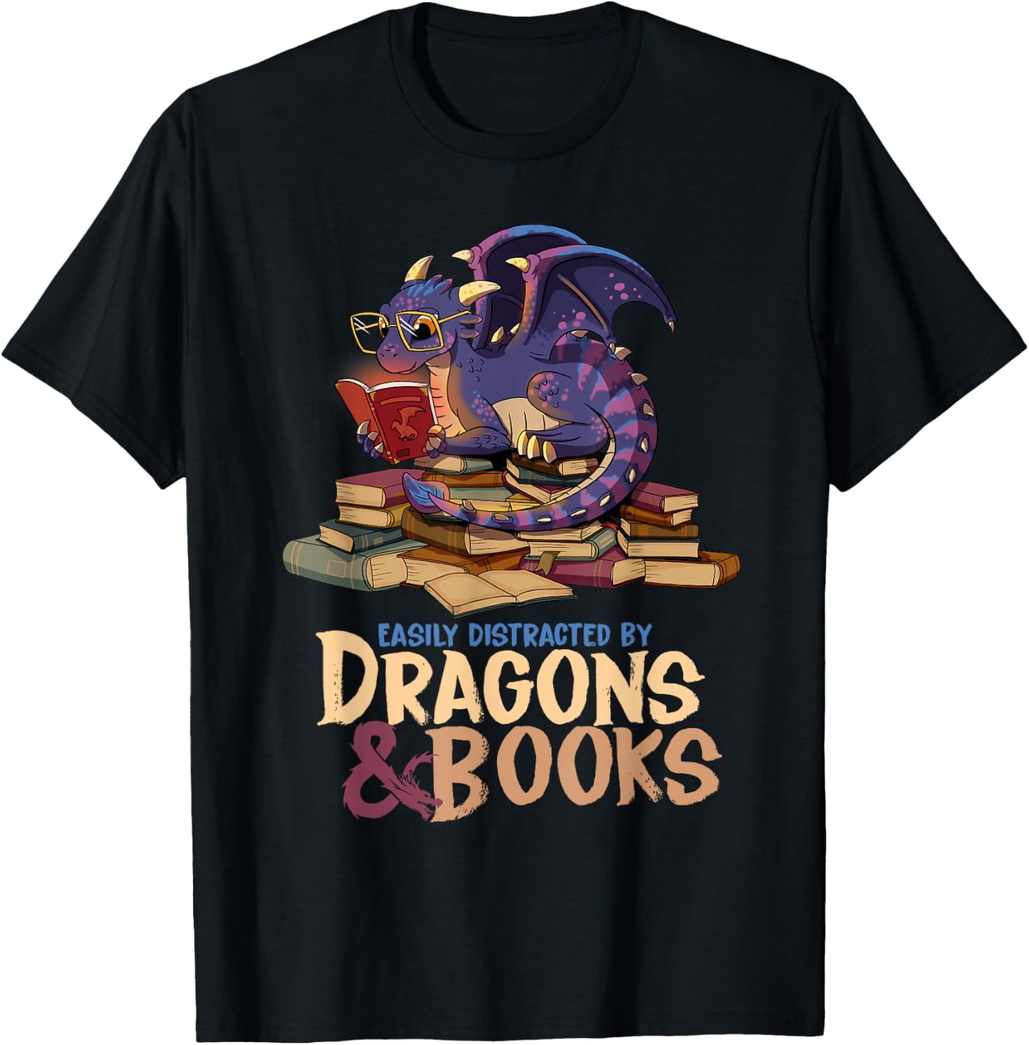 Easily Distracted By Dragons And Books Dragon Book Lover T-Shirt - T-Shirt | Black