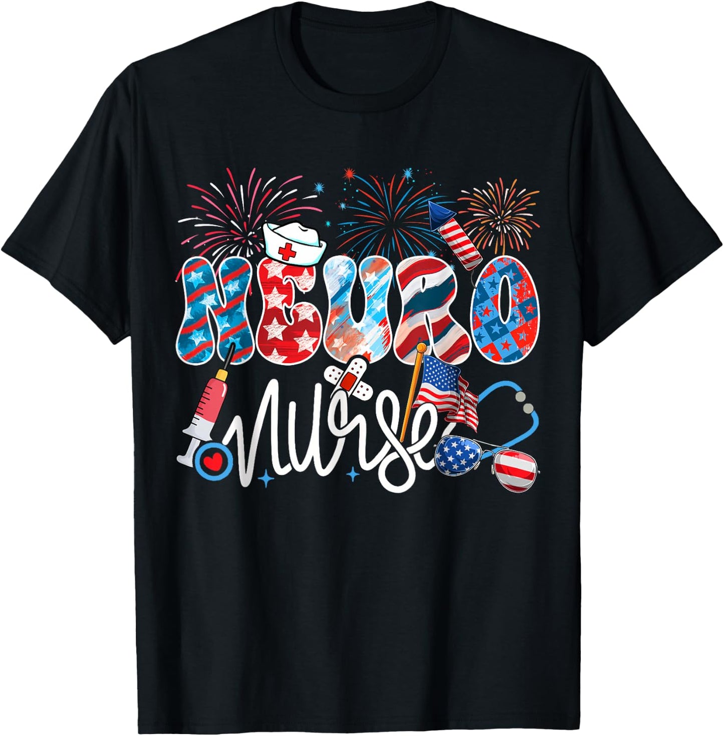 Neuro Nurse Patriotic USA Flag Stethoscope Funny 4th of July T-Shirt - T-Shirt | Black