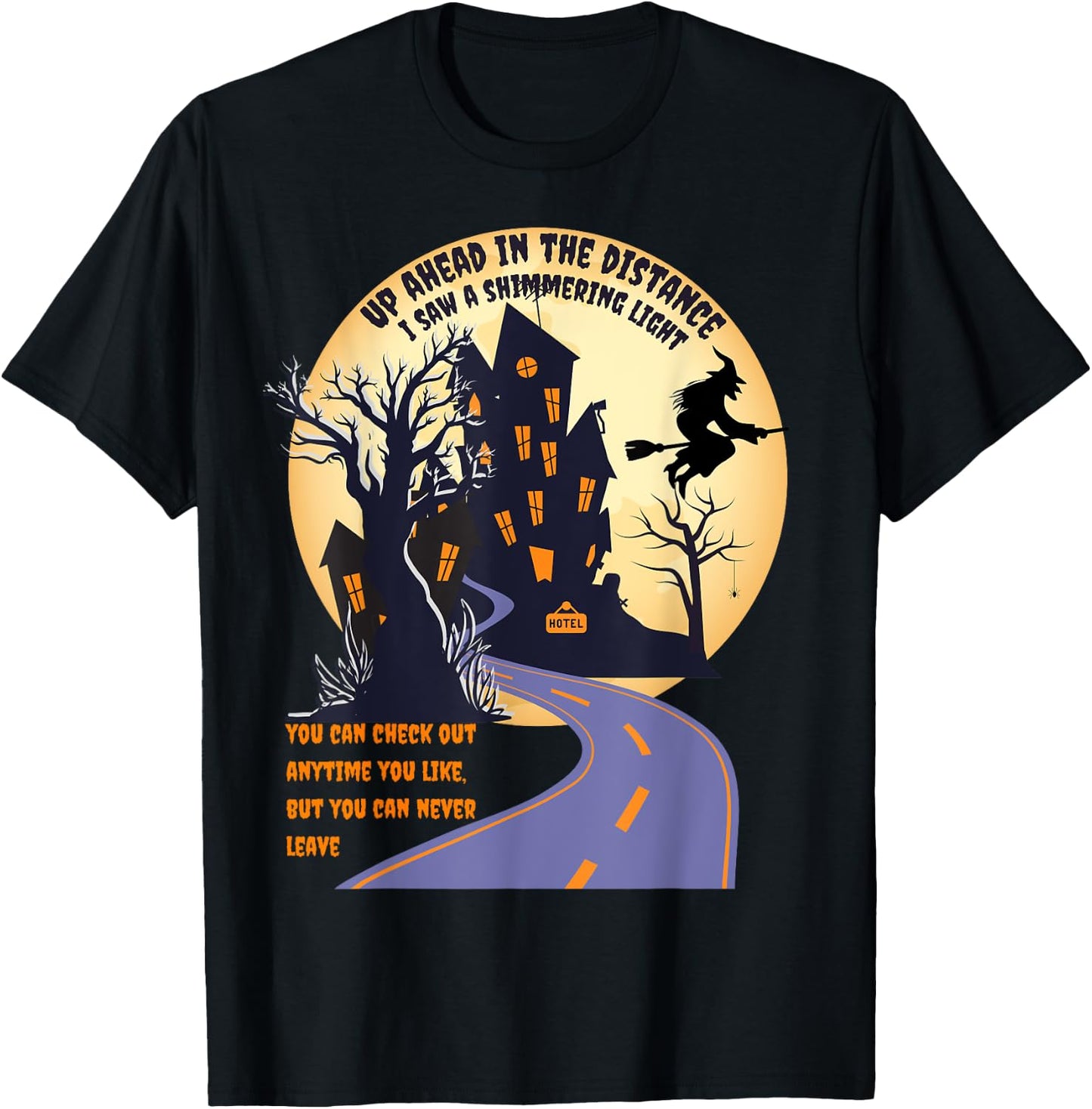 Witch riding broom on a dark/desert high way halloween moon T-Shirt - T-Shirt | Black