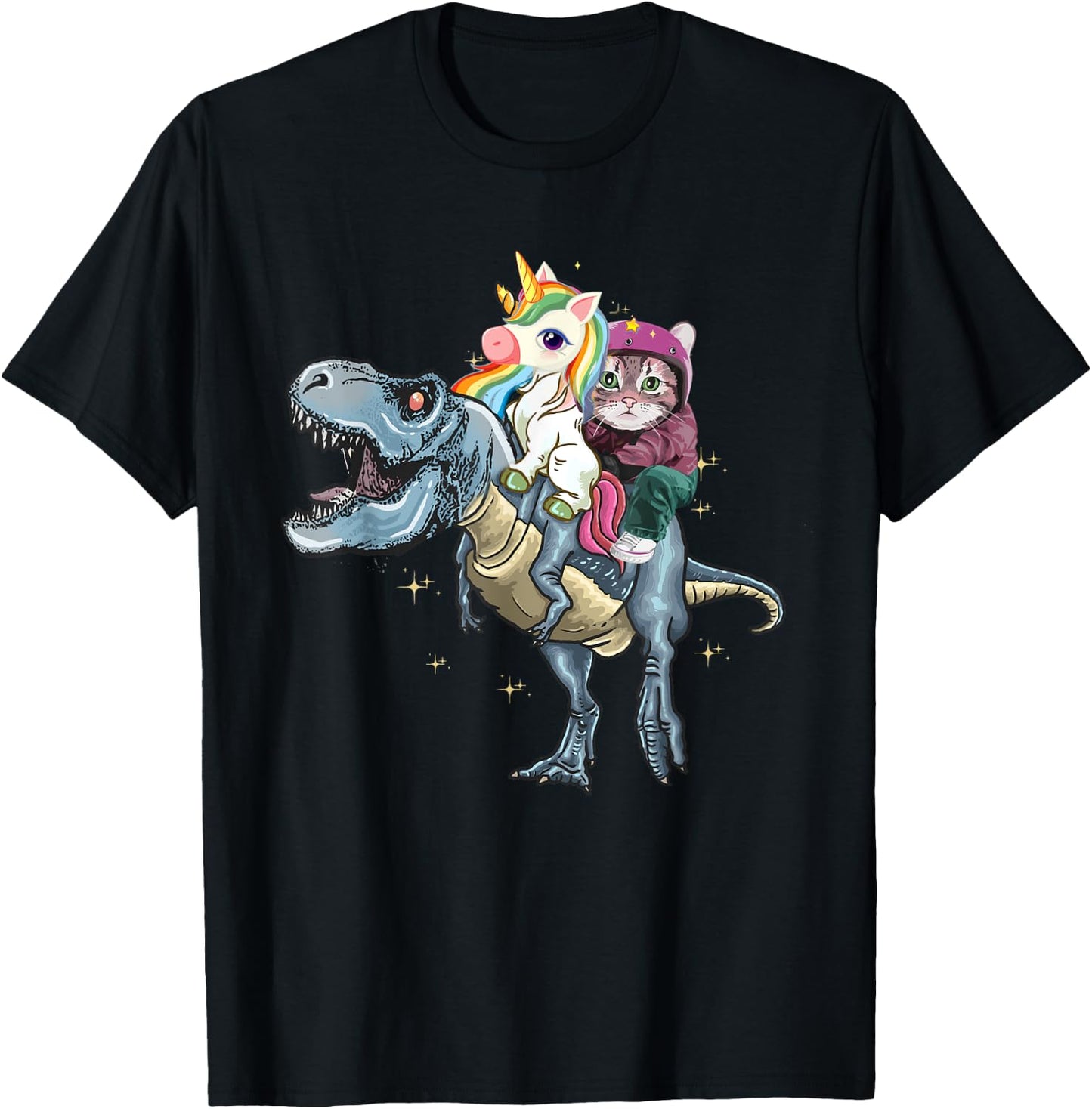 T-Rex Dinosaur Riding Unicorn Rainbow Funny Cat Lover T-Shirt - T-Shirt | Black