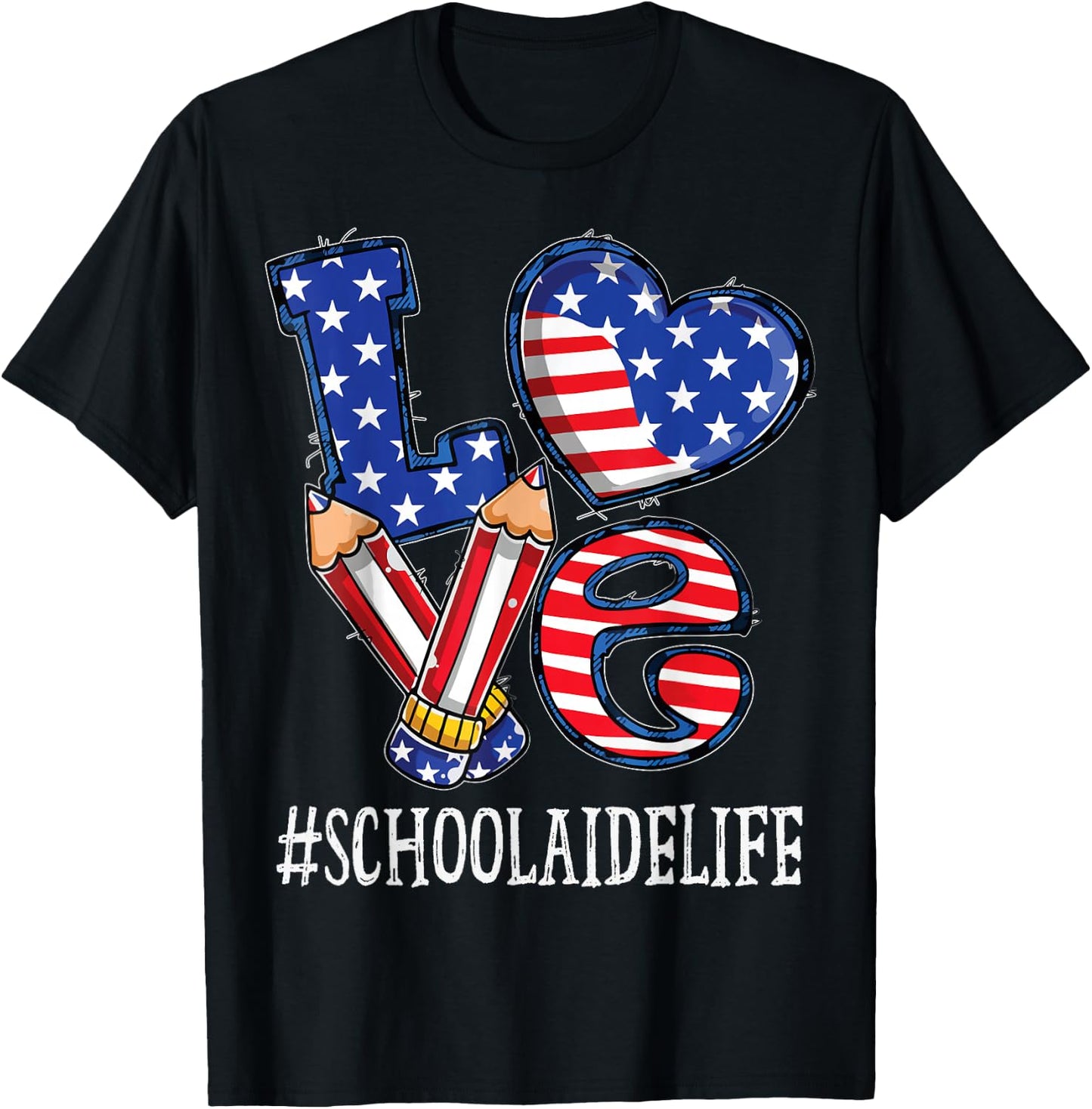 School Aide Love USA Flag Fireworks Funny 4th of July T-Shirt - T-Shirt | Black