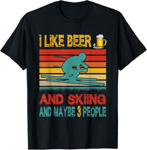 Vintage Retro I Like Beer And Skiing And Maybe 3 People T-Shirt - T-Shirt | Black