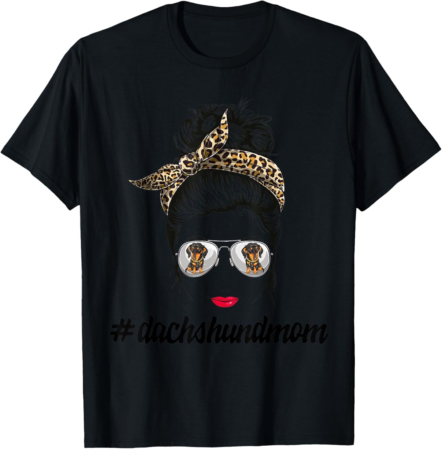 Dachshund Dog Mom Messy Bun Leopard Women Puppy Pet Lover T-Shirt - T-Shirt | Black