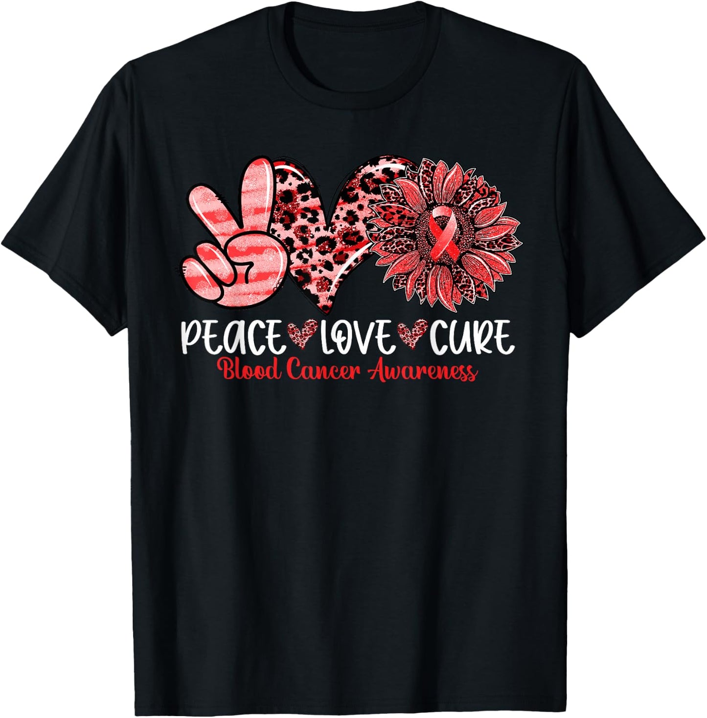 Peace Love Cure Sunflower Leopard Blood Cancer Awareness T-Shirt - T-Shirt | Black
