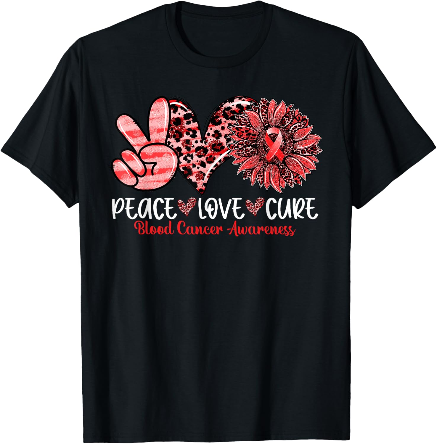 Peace Love Cure Sunflower Leopard Blood Cancer Awareness T-Shirt - T-Shirt | Black