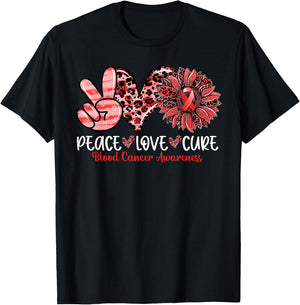 Peace Love Cure Sunflower Leopard Blood Cancer Awareness T-Shirt - T-Shirt | Black