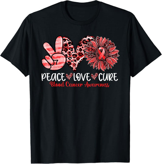 Peace Love Cure Sunflower Leopard Blood Cancer Awareness T-Shirt - T-Shirt | Black