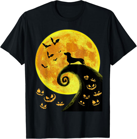 Funny Dachsund And Moon Halloween Costume Weiner Dog Lover T-Shirt - T-Shirt | Black