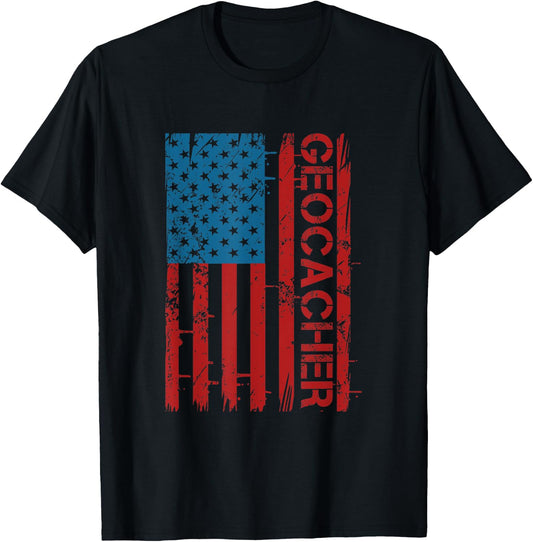 Patriotic American Flag Geocaching Fan For Patriot Geocacher Women Men T-Shirt - T-Shirt | Black