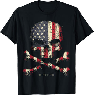 SKULL CROSSBONES UNITED STATES Flag Skeleton American Heart T-Shirt - T-Shirt | Black