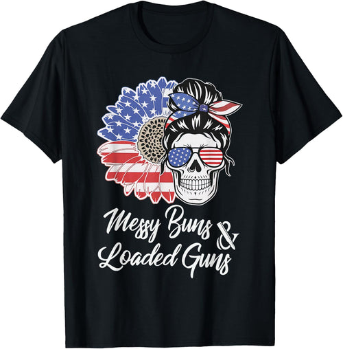 Messy Buns And Loaded Guns Skull Sunflower American Flag Men