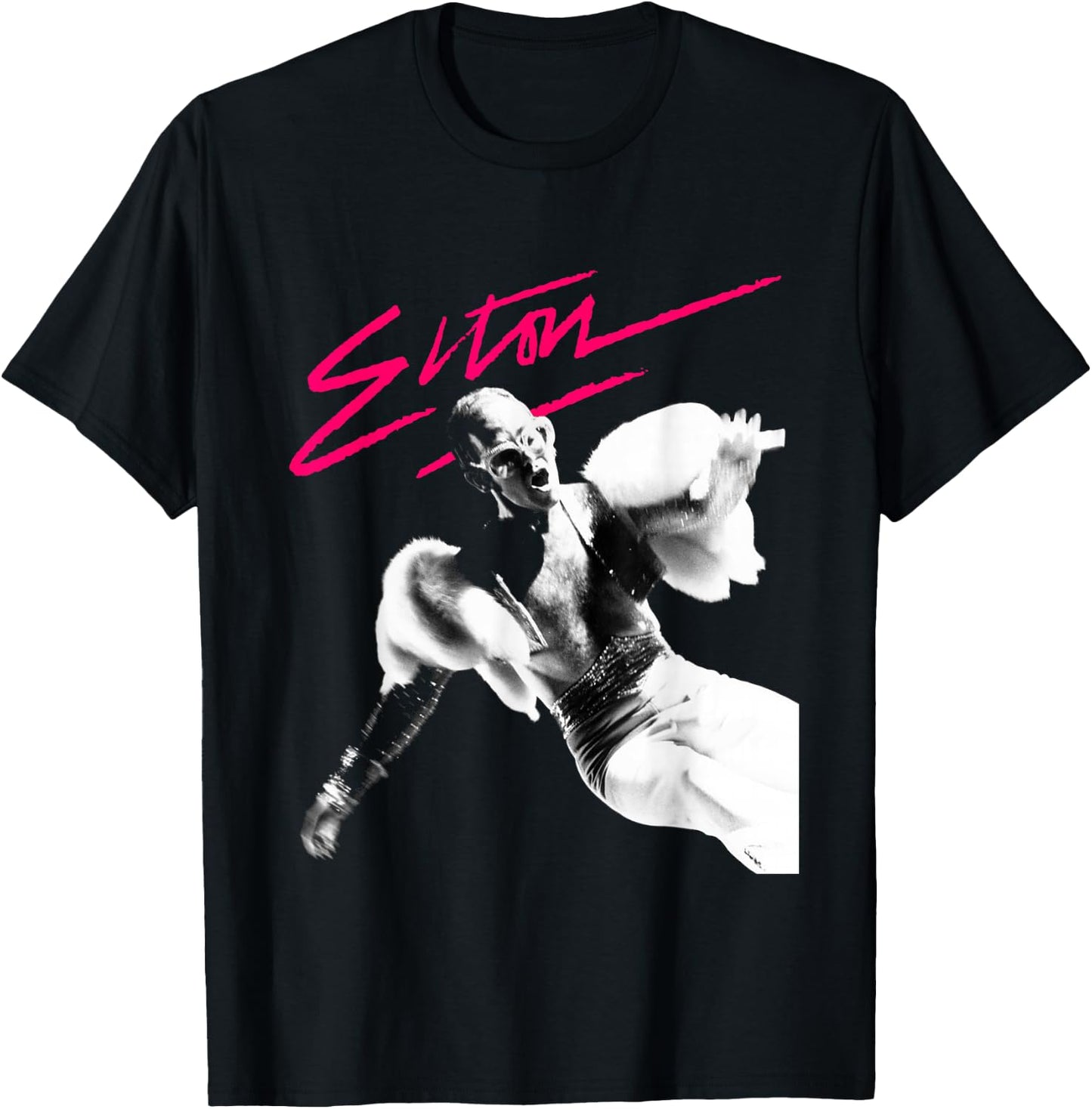 Elton John Official Pink Brush Photo T-Shirt - T-Shirt | Black