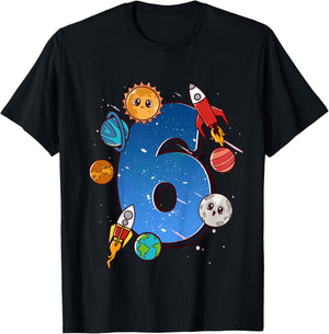 Boys 6th Birthday Party Outfit 6 Years Old Space Planets T-Shirt - T-Shirt | Black