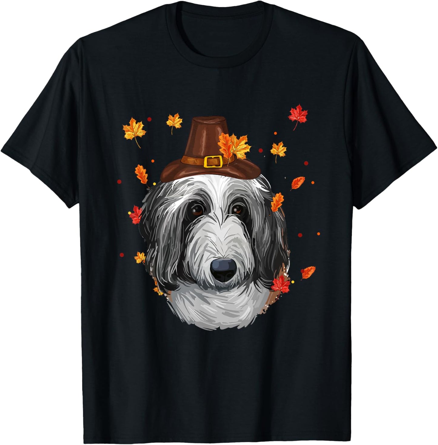 English Sheepdog Dog Pilgrim Hat Fall Happy Thanksgiving Day Women Girls Kids T-Shirt - T-Shirt | Black