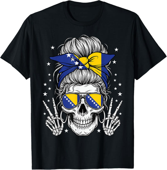 Bosnia and Herzegovina Flag Skull Messy Bun Bosnian Girl T-Shirt - T-Shirt | Black