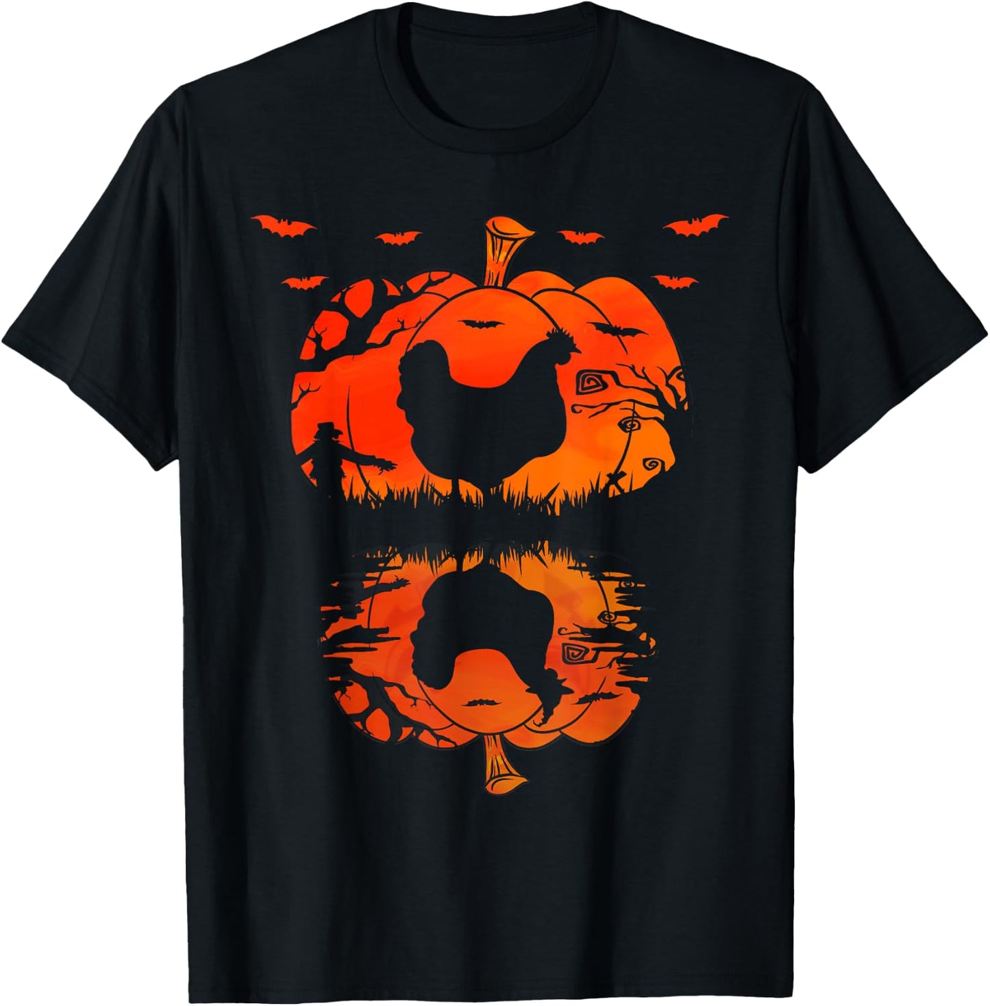 Chicken Silhouette Pumpkin Halloween Funny Chicken Witch T-Shirt - T-Shirt | Black