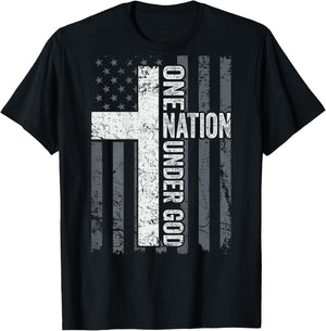 ONE NATION UNDER GOD - Christian Worship Cross Flag -ON BACK T-Shirt - T-Shirt | Black