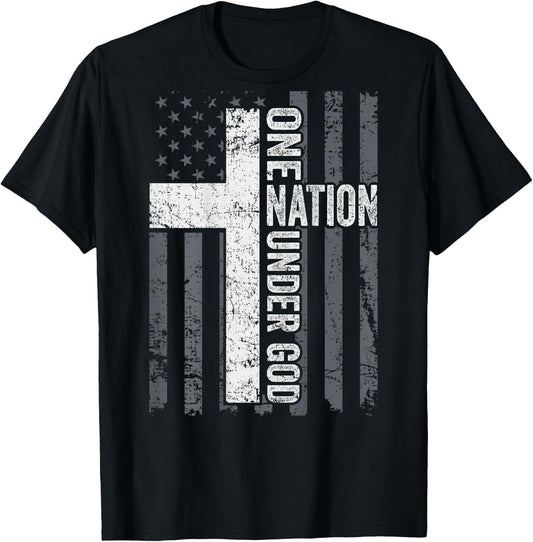 ONE NATION UNDER GOD - Christian Worship Cross Flag -ON BACK T-Shirt - T-Shirt | Black