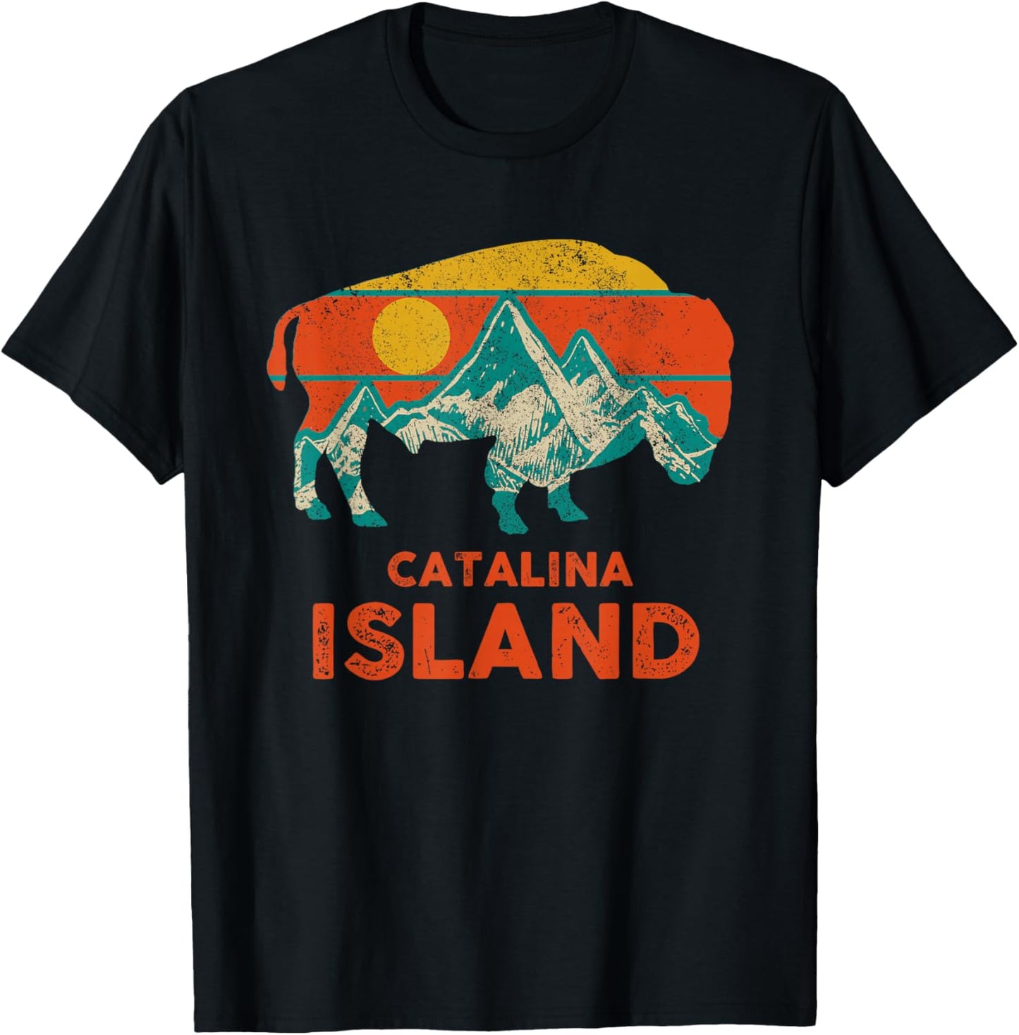 Catalina Island Vintage Bison Buffalo America Souvenir T-Shirt - T-Shirt | Black