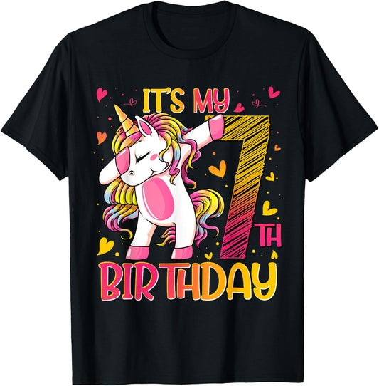 7 Year Old Unicorn Dabbing 7th Birthday Girl Unicorn Party T-Shirt - T-Shirt | Black