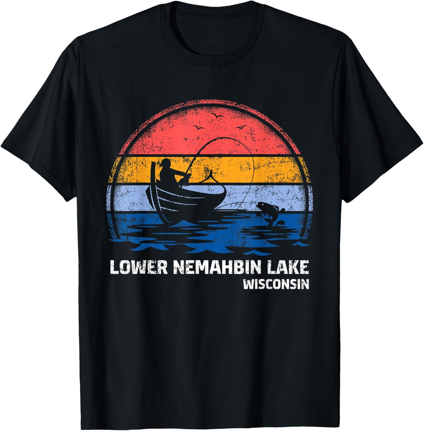 Vintage Retro Wisconsin Lower Nemahbin Lake Summer Fishing T-Shirt - T-Shirt | Black