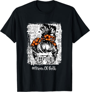 Funny Cheer And Basketball Mom Of Both Mom Bun Hair T-Shirt - T-Shirt | Black