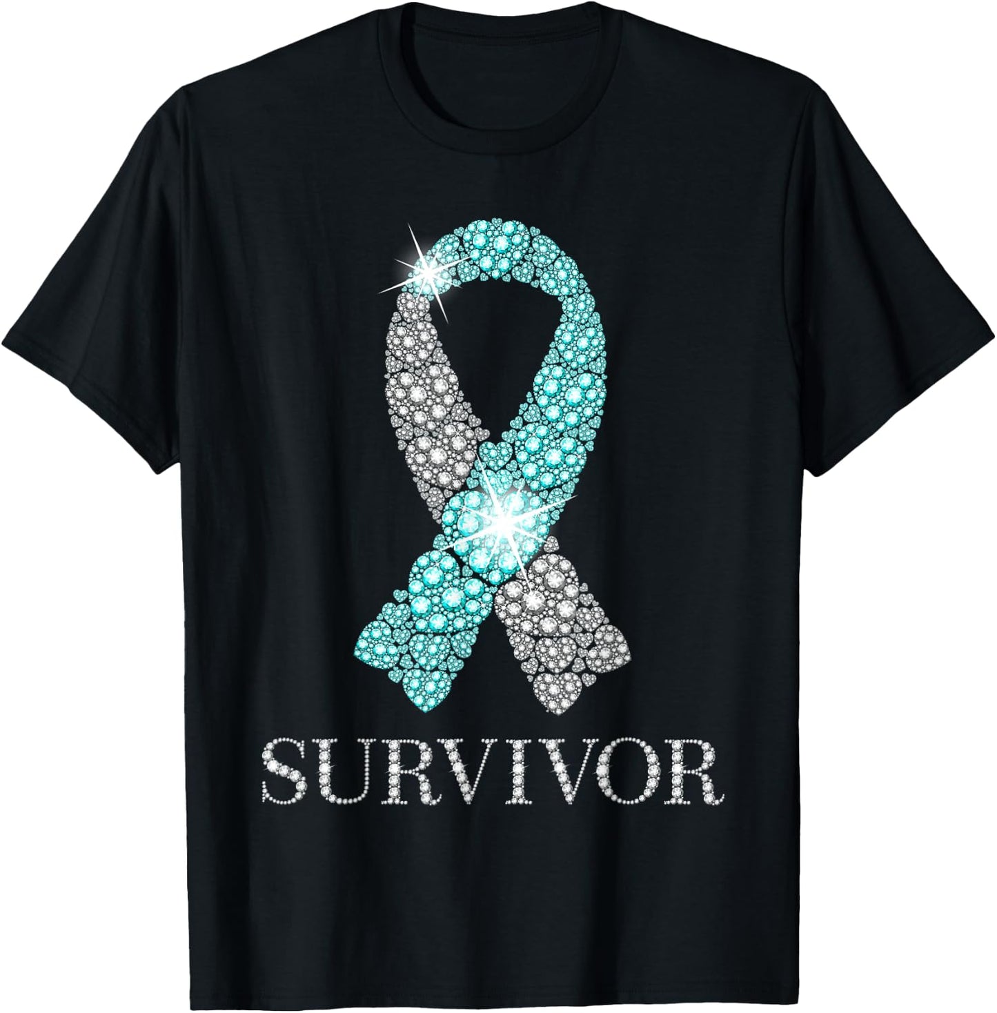 Cervical Cancer Survivor Teal & White Ribbon Awareness T-Shirt - T-Shirt | Black