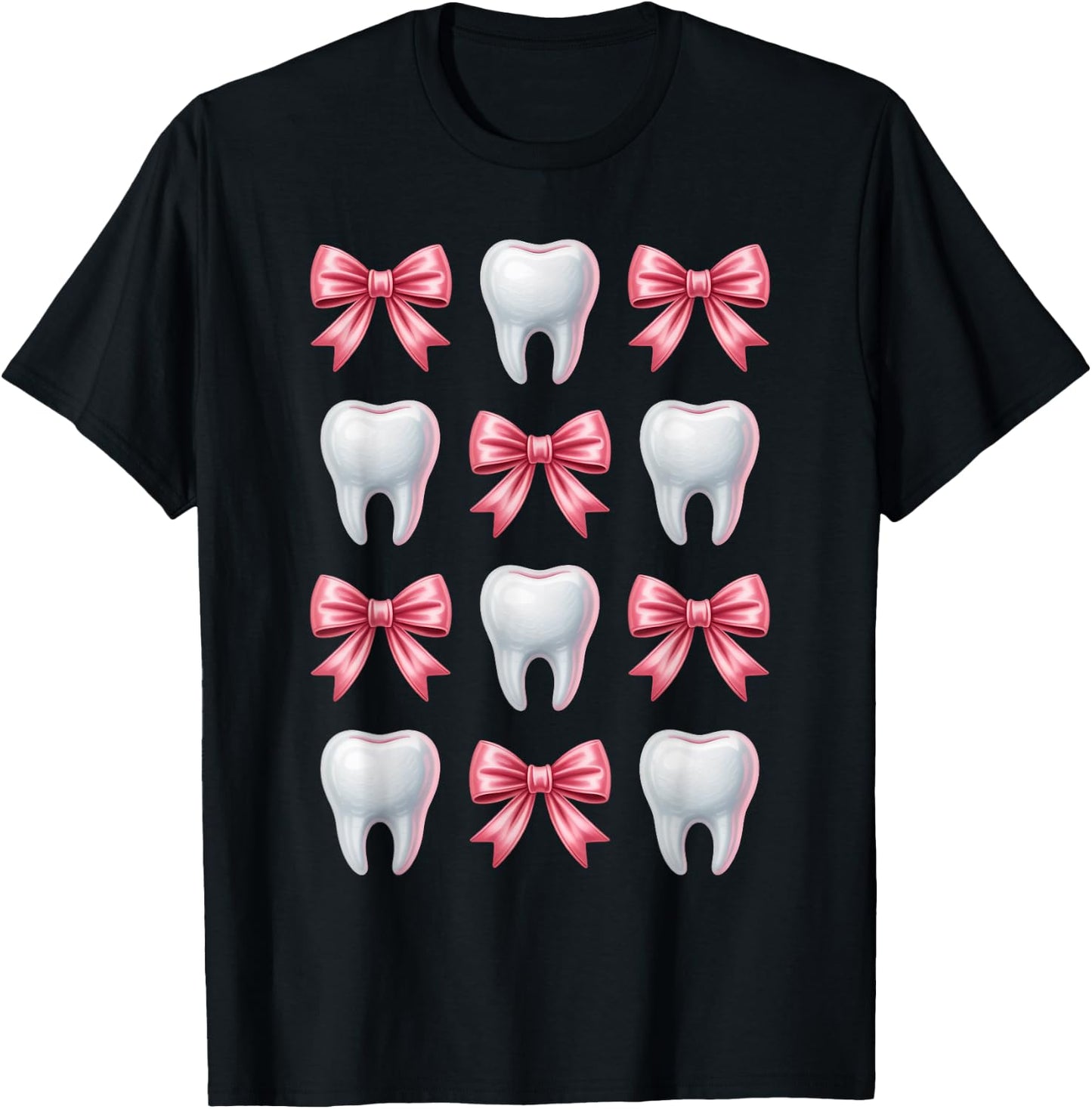 Cute Pink Coquette Bow Teeth Dentist Squad Dental Assistant T-Shirt - T-Shirt | Black