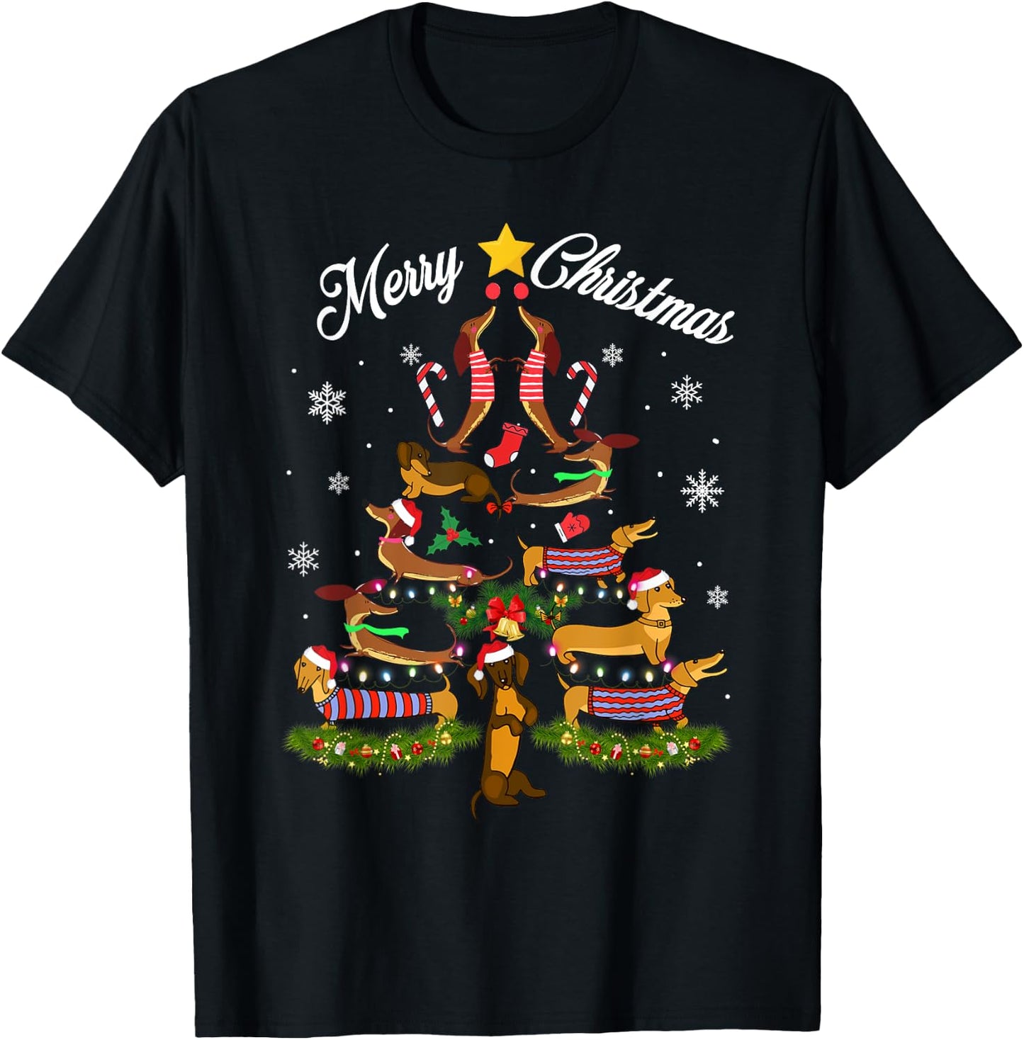 Dachshund Merry Christmas Tree Light Funny Dackel Dachshund T-Shirt - T-Shirt | Black