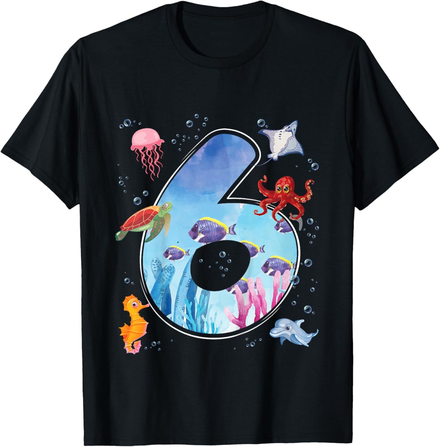 Kids 6th Birthday Party Ocean 6 Year Old Sea Fish Aquarium Boy T-Shirt - T-Shirt | Black