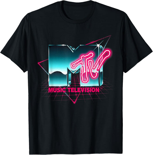 Mademark x MTV - Retro 80's Chrome Effect Neon Colors Vintage MTV T-Shirt - T-Shirt | Black