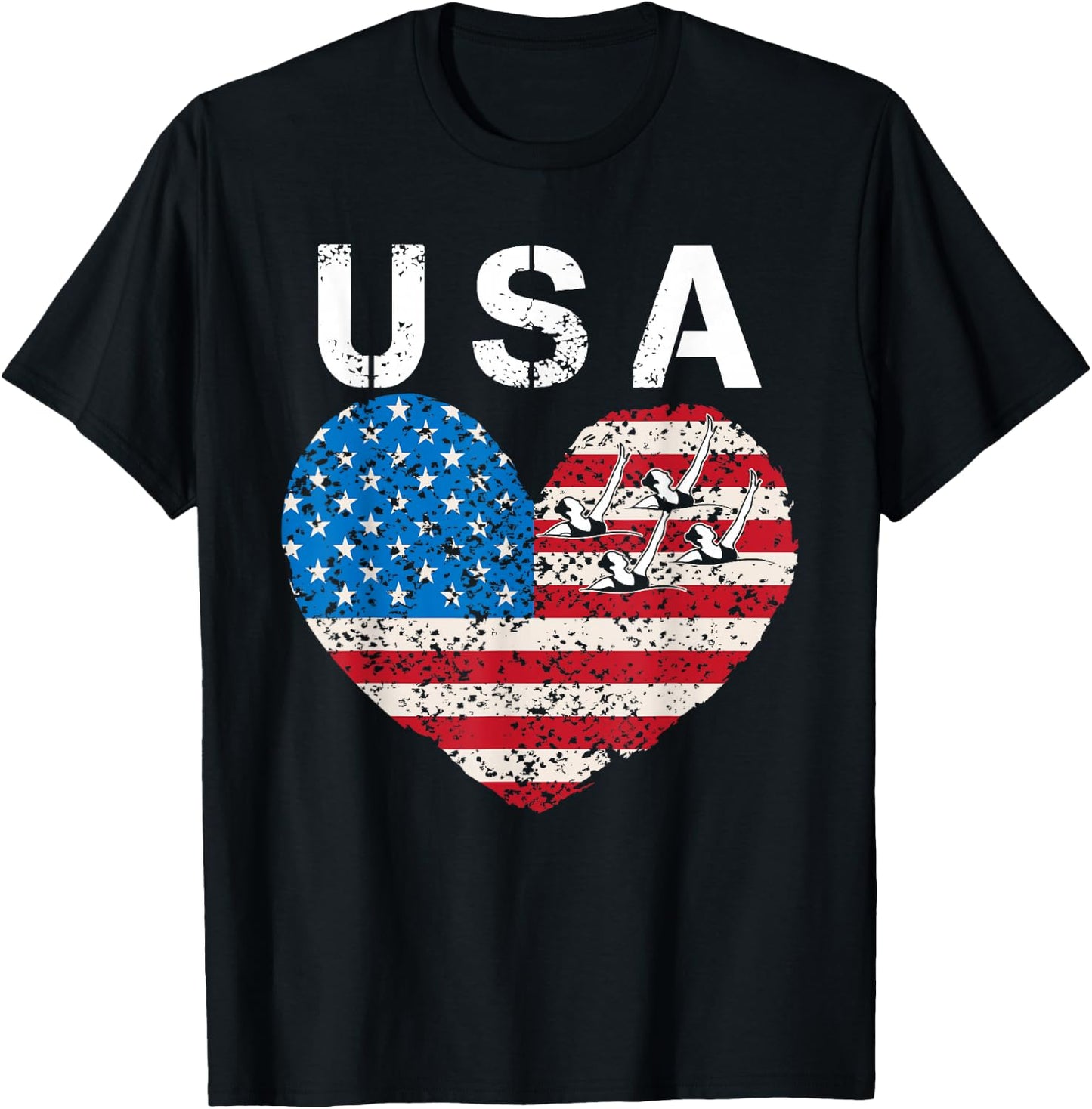USA artistic swimming team American flag heart US Swim Aqua T-Shirt - T-Shirt | Black