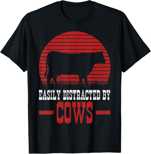 Easily Distracted By Cows Cow Owners Cow Farmers Cow Lovers T-Shirt - T-Shirt | Black